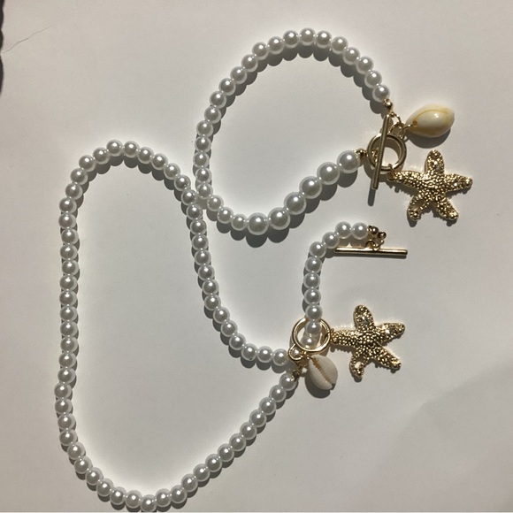🪸Naitical Starfish & Puka  Shell Beaded Pearl toggle collar necklace & Bracelet - Picture 7 of 16